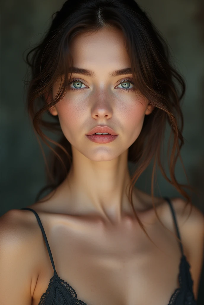 young natural girl kazakh in short skirt, looks straight into the eyes, Blue eyed, sincere look, deep neckline