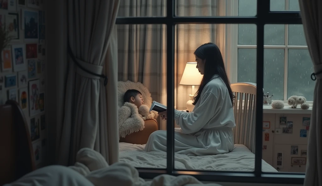 a sick mother sleeping on a bed in a room surrounded by her 3 children
