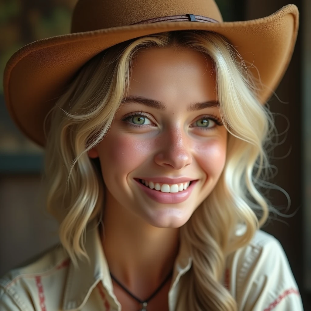 ultra-realistic image depicts a whimsical scene of a young woman in close-up with a perfect face, a Brazilian model, wearing cowboy clothes, blonde hair and green eyes. The beautiful young woman is in a playful pose with a perfect smile showing all her happiness. Surrounding the beautiful young woman is a rustic scenery, adding to the cozy and charming atmosphere of the image. The scene is set against a soft background, highlighting the feeling of harmony. The composition is centered on the beautiful young woman, drawing the viewer's attention to her ultra-realistic details and intricate textures of country fashion. The lighting is soft and diffuse, casting a warm glow over the scene, creating a feeling of comfort and nostalgia. Keywords: whimsical, realistic, cozy, charming, pastel colors, intricate details, soft lighting, realism, cinematic, studio shot, perfect contrast, high sharpness, depth of field, ultra-detailed photography, global illumination, soft, ultra-high definition, 8k, unreal engine 5, ultra-sharp focus, award-winning photography.