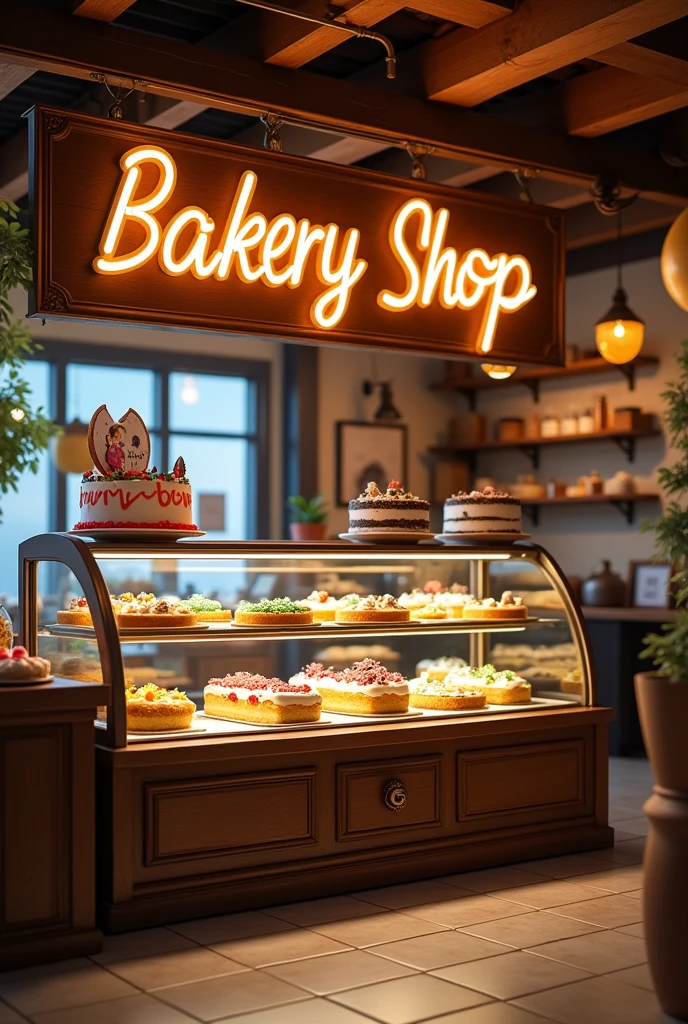 "Create a detailed image of a cozy bakery shop interior with a large sign that reads " Bakery shop ". Include a display case featuring a variety of cakes, including a decorated photo cake with a custom image on it. The setting should be inviting, with warm lighting and a charming, rustic design."