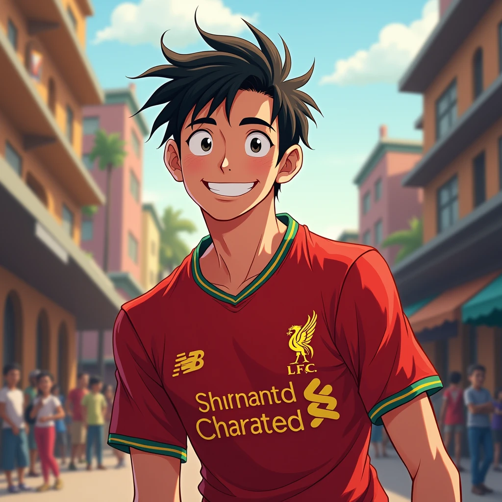 Handsome young man smiling in Akira Toriyama style, bowing and wearing a Liverpool shirt, standing in a cartoon style illustration. High quality, detailed and colorful dynamic photography. Realistic colorful pose.