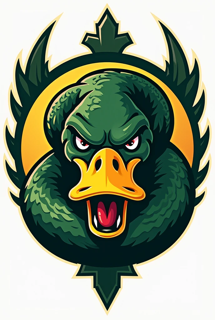 Create a logo for medical athletics, with an angry snake with a duck's head. green and yellow. Military standard.