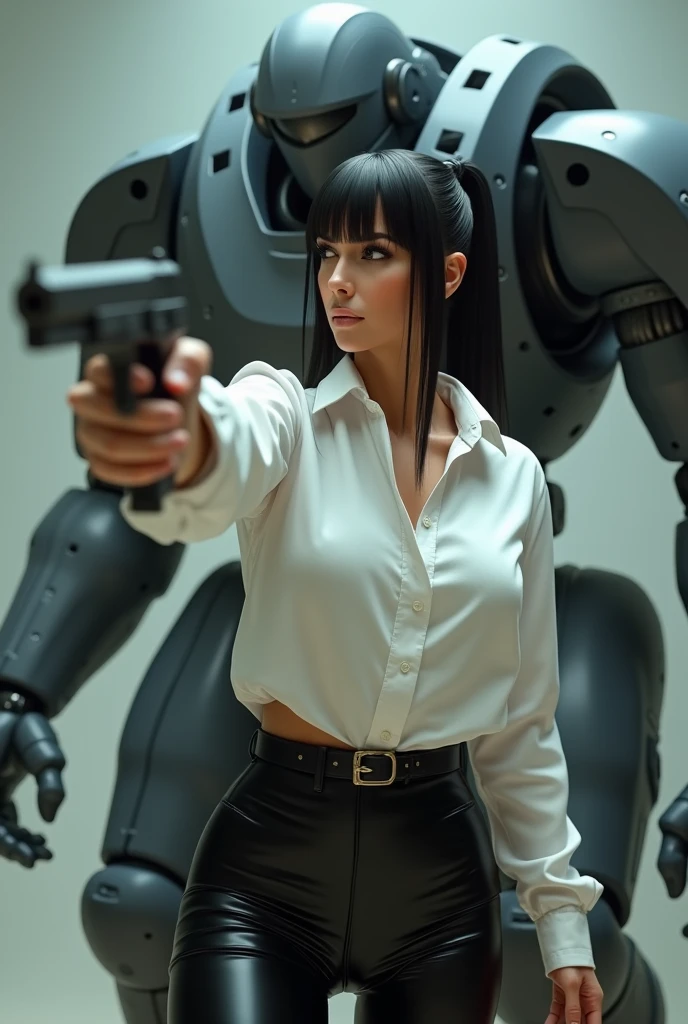 Kim Kardashian with long straight black hair in a ponytail in a white shirt with buttons with sleeves and not belly-free, generous cleavage,in a very tight black latex leggings , she aims a gun at someone, behind her is an aggressive robot swinging his fist at her 