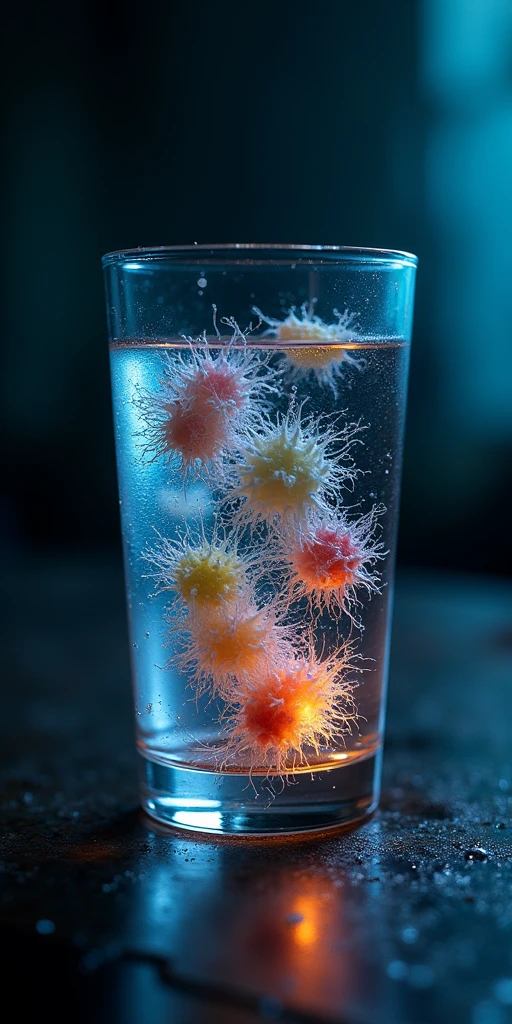 Complicated bacteria mutated life in glass of water, backlit by led in dark scene
