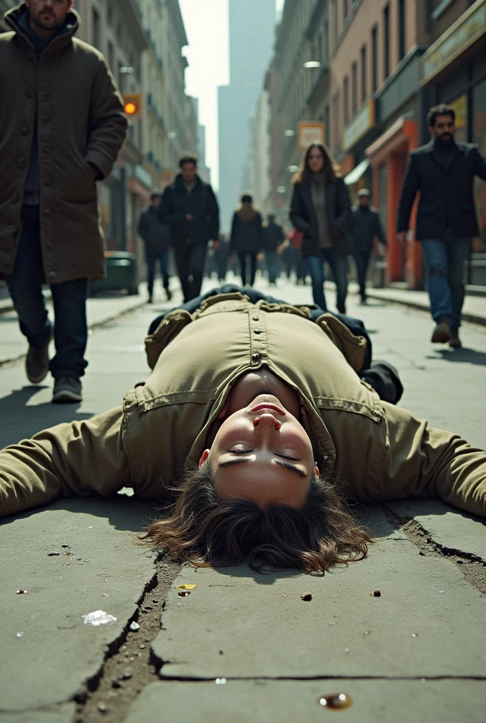 A fat man lay sprawled out like a child on the street as people walked