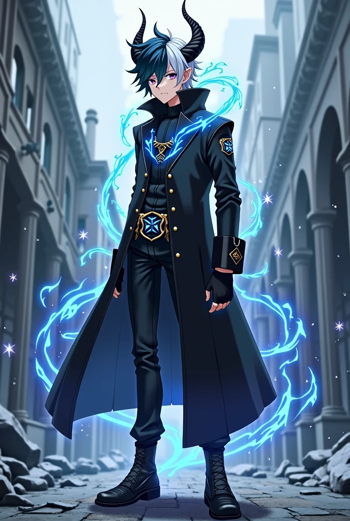 A young man, with long Dark Blue and white hair, a pair of different colored eyes, One eye is Aquamarine while the other is a Dark purple color, his body is slim but moderately fit, he has a pair os dragon Horns on his head while his ears are slightly pointy, with a silvery blue aura of magic surrounding his entire body, wearing a long black coat and leather Boots, while his hands are covered with black gloves, behind him is a ruined city covered in mist, anime art style, full body image.