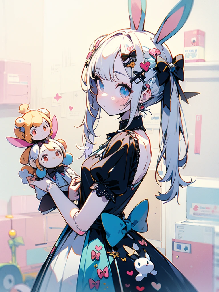 sideview,looking at viewer,There is a girl with bunny ears and dress, fairy core, , guvitz, close-up character, pale milky porcelain skin, porcelain white skin, ball joint doll, CG society