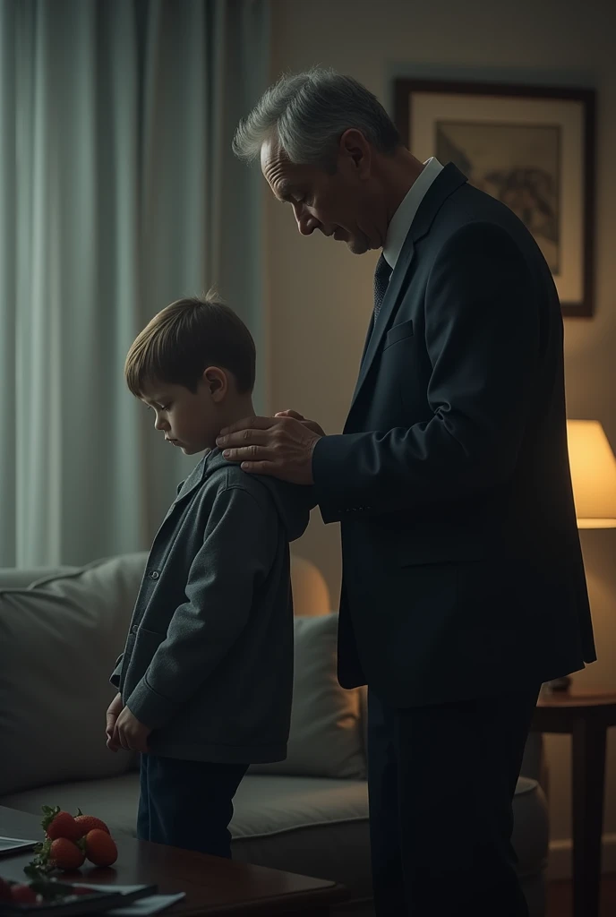 Create the image of a man who doesn't pay attention to his son, the son must be sad