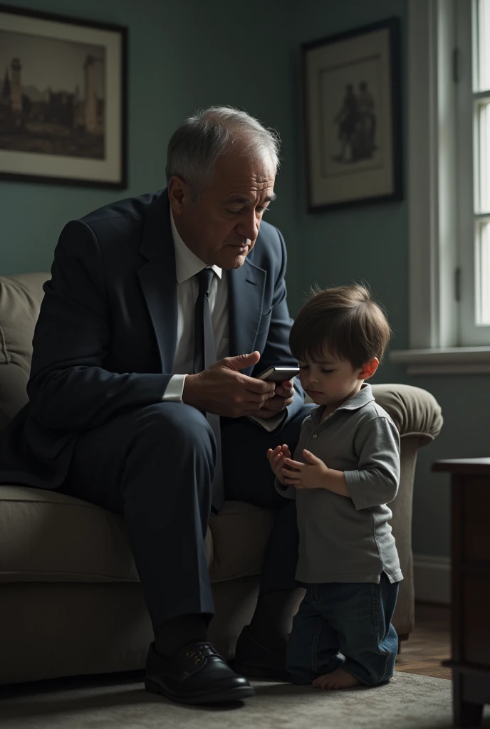 Create the image of a man who doesn't pay attention to his son, the son must be sad