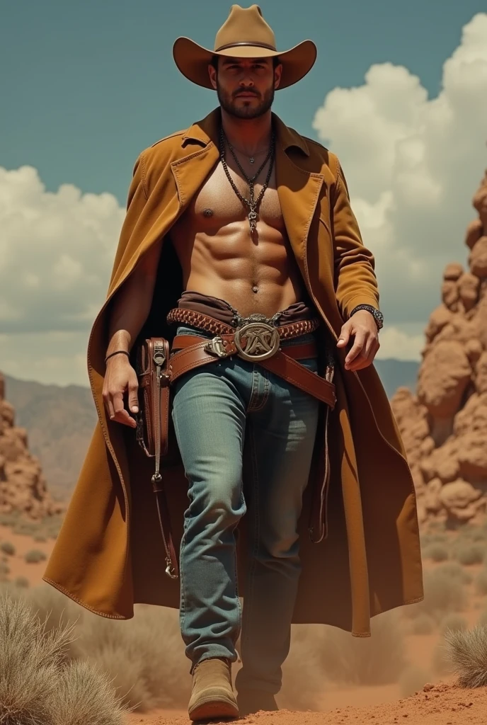 Buff gojo satoru in a cowboy outfit with his dick out