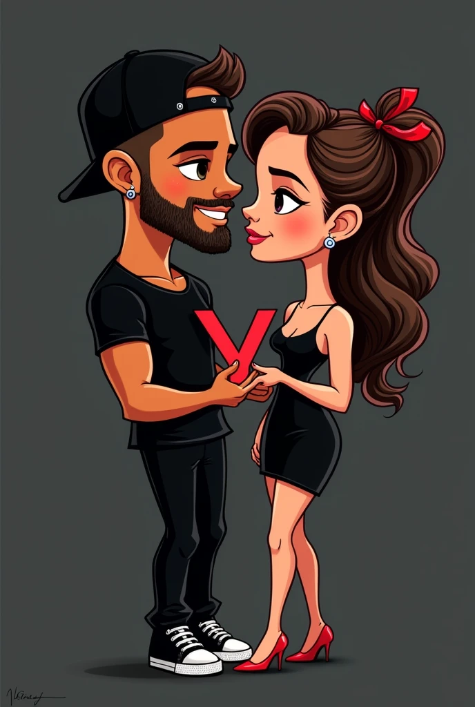 Create a caricature of two lovers, she holding the letter Y and he holding the letter E, he has cinnamon skin and is muscular, with earrings and a backwards cap and a short, well-defined beard, she has a bow in her hair, both dressed in black. 