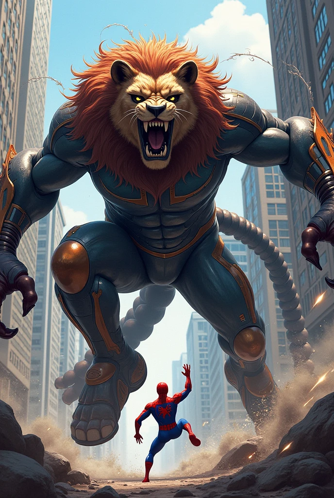 Spider-Man is beating a six-legged, four-armed lion cub in a suit