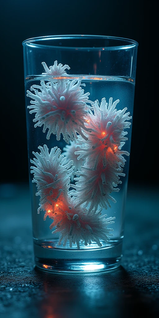 Complicated bacteria mutated life in glass of water, backlit by led in dark scene