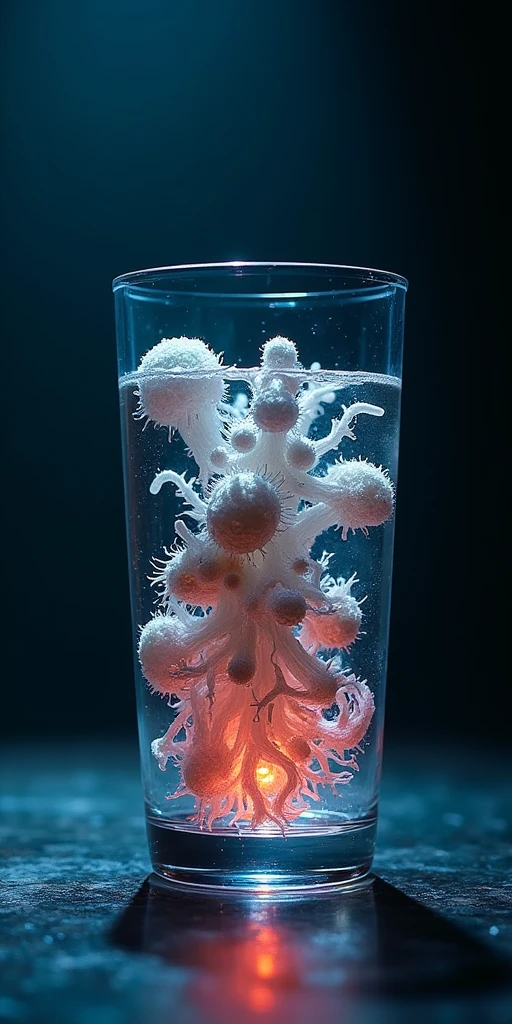 Complicated bacteria mutated life in glass of water, backlit by led in dark scene