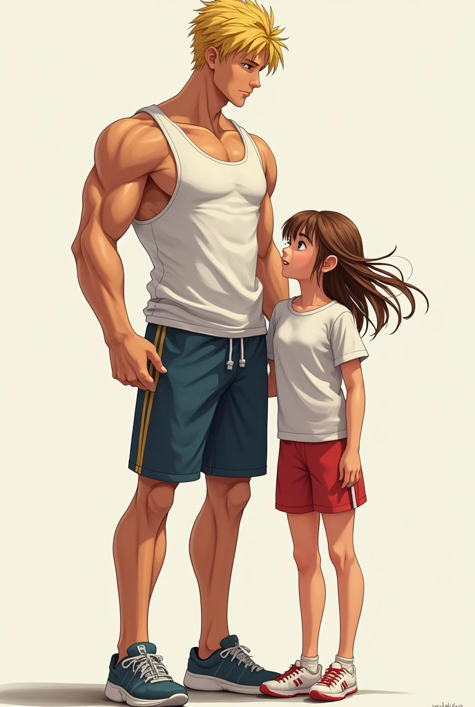 An athletic boy with blond hair of 1.83 tall next to a  girl.60 tall, white, Brown hair
