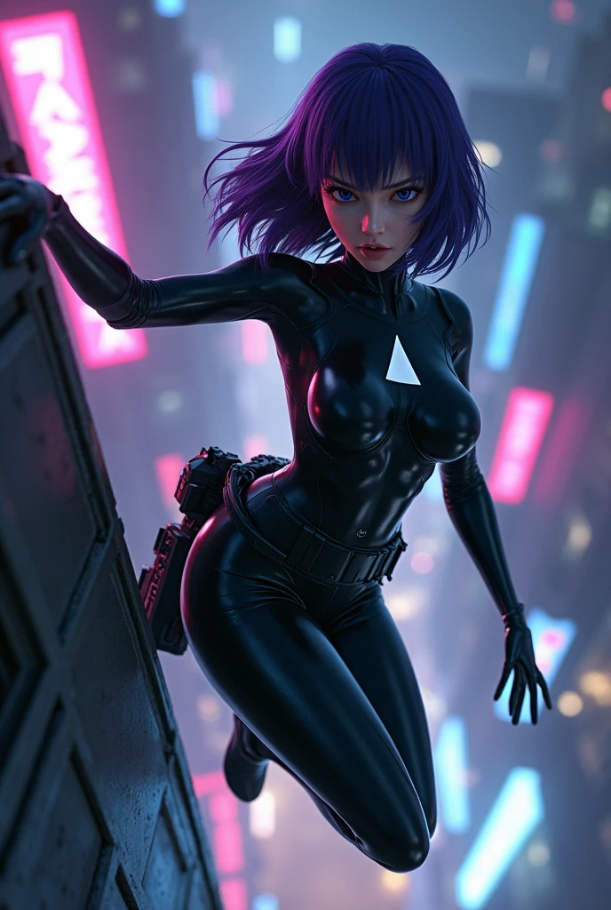 ((Ghost in the Shell SAC_Motoko Kusanagi from 2045,Ultra-high-definition Real 3D CG graphics of Kusanagi Motoko from the anime Ghost in the Shell、Motoko Kusanagi)))Purple Hair, Purple Eyes,Beautifully detailed eyes and mouth, Breathtakingly detailed and realistic skin,Beautiful hair texture and shine,Ghost in the Shell SAC_2045のMotoko Kusanagiのリアルな質感と細部へのこだわり,衣装はGhost in the Shell SAC_2045のMotoko Kusanagiの服を着ている(((She jumps off the roof of a building:1.2), (Futuristic night cityscape background) ,With her back to the building, she smiles provocatively.))).In his right hand he has a machine gun attached to his belt.,,Black Cybersuit(White double triangle mark on chest)is about to be enveloped in a transparent optical camouflage,No jacket(Optical camouflage expressed with holographic effects:1.5).Jumping vertically from the roof of a building, feet together, helplessly facing the camera, Looking into the camera, Shooting from an angle above Shooting from the top of a building with the camera pointing straight down,She falls while staring at the camera on top of the building)),)(((She looks like an adult,Has a toned physique, A body with beautiful curves, Narrow waist, Thick thighs and round ass)), Ultra-Realistic Images, Skin and hair details, Movie Scenes, Professional Saturation,Breathtaking 3DCG graphics.(high quality, masterpiece, 最high quality, 4K.8k.:1.5). Super detailed, Ultra-fine painting, A photo that looks like a scene from a movie, Dramatic lighting, Sharp focus, Professional Photo Resolution, 3D Rendering, Awards,Ghost in the Shell's final scene