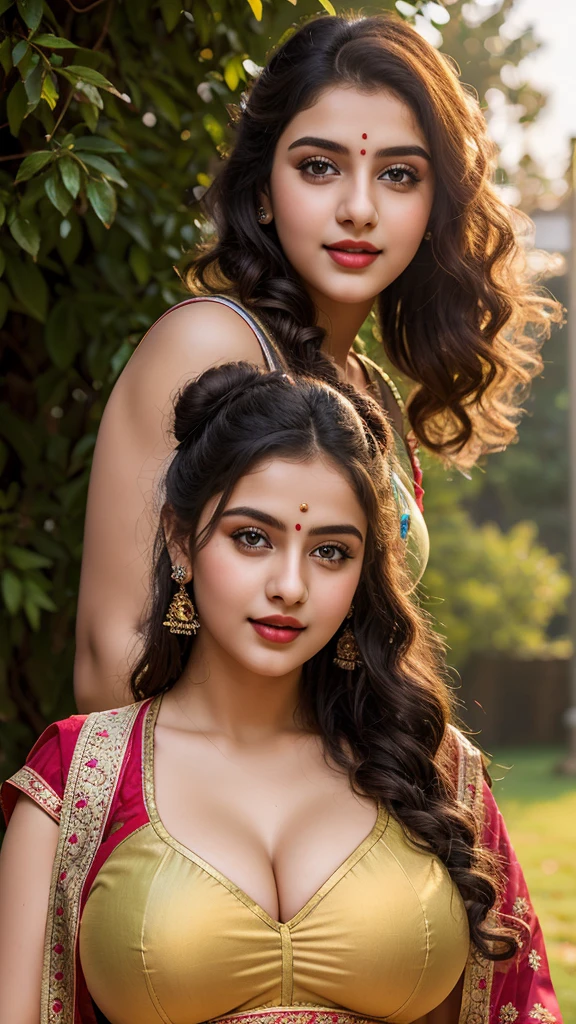 Outdoor image of 21yo in school school photo in school masterpiece, (photorealistic:1.7), best quality, beautiful lighting, Eleanor Ukraine girl dark lipstick 20yo Old Big Breasts Plus Size Model random colour beautiful eyes extremely high Bun long extreme curly hair Lifts wearing Indian saree. big breasts with bra