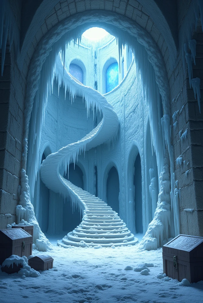 Illustrate the inside of aThe frozen tower is a tall, round room, built in cold stone that seems to be eternally encased in ice. The atmosphere is freezing, with the air almost palpable, making breathing difficult and the skin numb to the touch. The stone staircase that spirals along the inner wall is covered in ice, making the climb treacherous and dangerous. Boxes and chests, also covered in ice, are stacked against the walls, guarding the last secrets of the magician Adelle Volpinski. At the top of the stairs, there is a hidden room behind an ancient door, where the winds howl and the ice accumulates in bizarre shapes.

