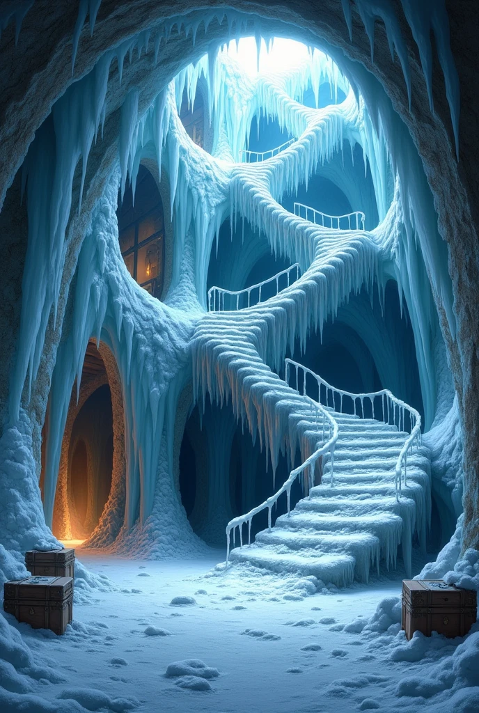 Illustrate the inside of aThe frozen tower is a tall, round room, built in cold stone that seems to be eternally encased in ice. The atmosphere is freezing, with the air almost palpable, making breathing difficult and the skin numb to the touch. The stone staircase that spirals along the inner wall is covered in ice, making the climb treacherous and dangerous. Boxes and chests, also covered in ice, are stacked against the walls, guarding the last secrets of the magician Adelle Volpinski. At the top of the stairs, there is a hidden room behind an ancient door, where the winds howl and the ice accumulates in bizarre shapes.
