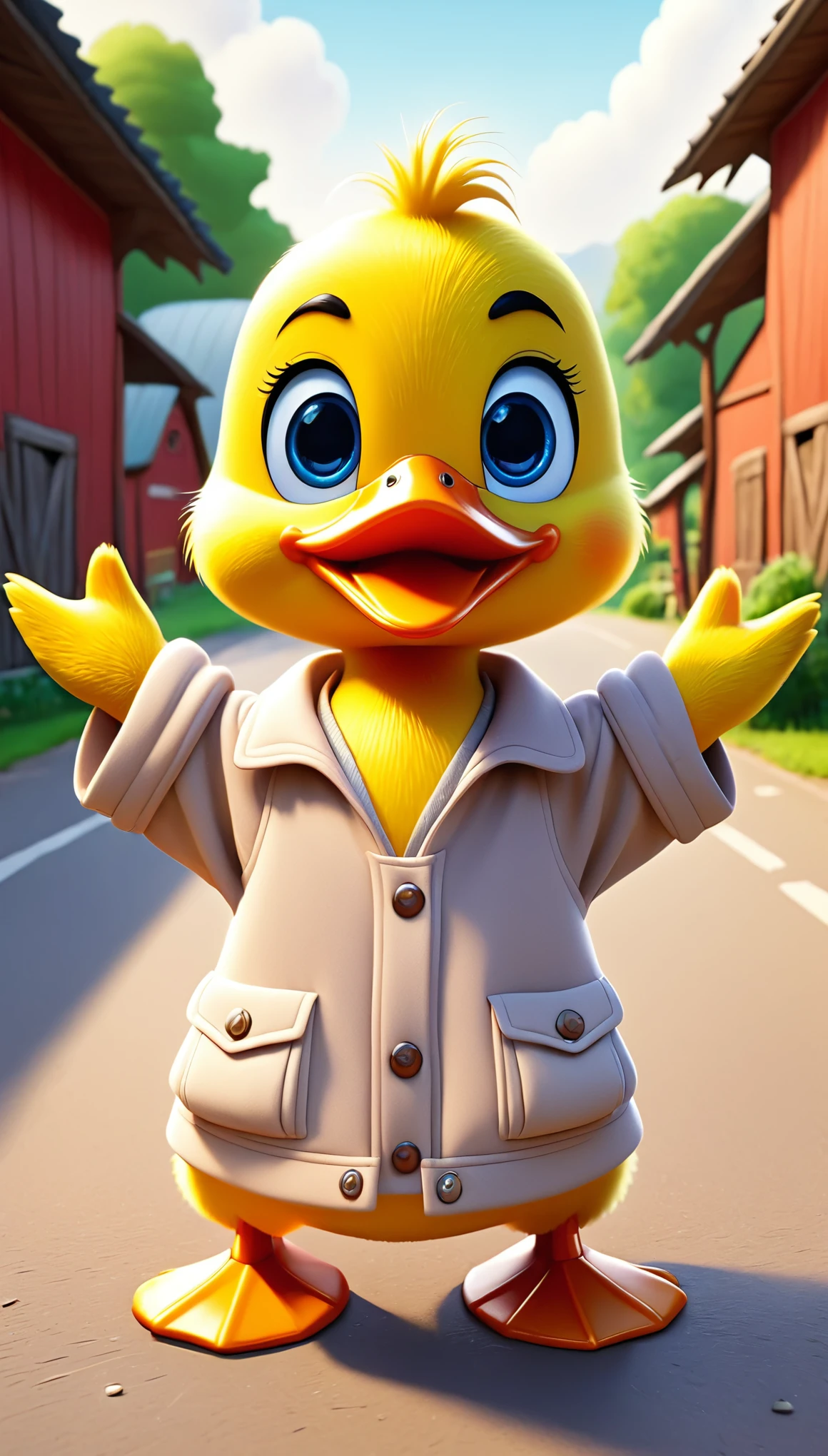 cute duck, cartoon , farm clothes, arms up, hands ,cute eyes, looking at viewer, cute, straight, parking, cars, flawless, detailed