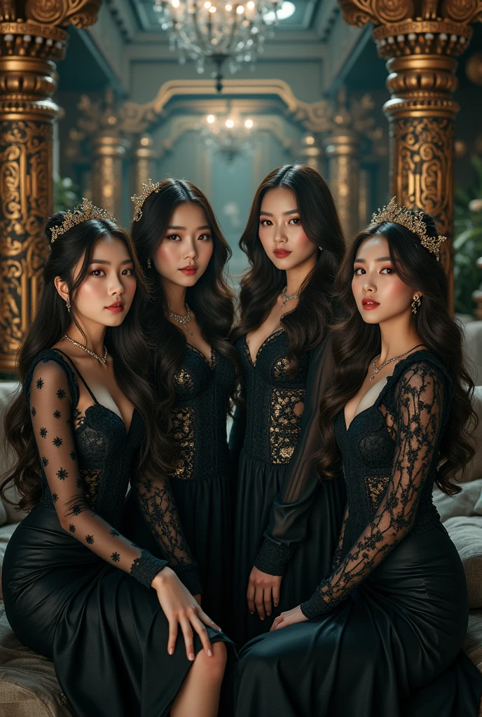Kpop girl group with 4 members, in dark luxurious scenery, styled, fancy clothes, surreal scenes and symbolism, more delicate face