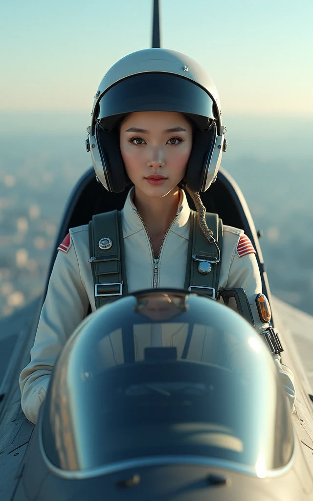 Ultra-high resolution,High-resolution details,Photo real, , (1 Korean female pilot,Super beautiful,Super white skin,Super white face), (Wearing a flight suit,Wearing a pilot helmet), Large breasts, (full-body shot,panorama distant view,Wide-angle lens)Military fighter,Female fighter pilot,Sitting in the cockpit of an airplane,Ready to take off