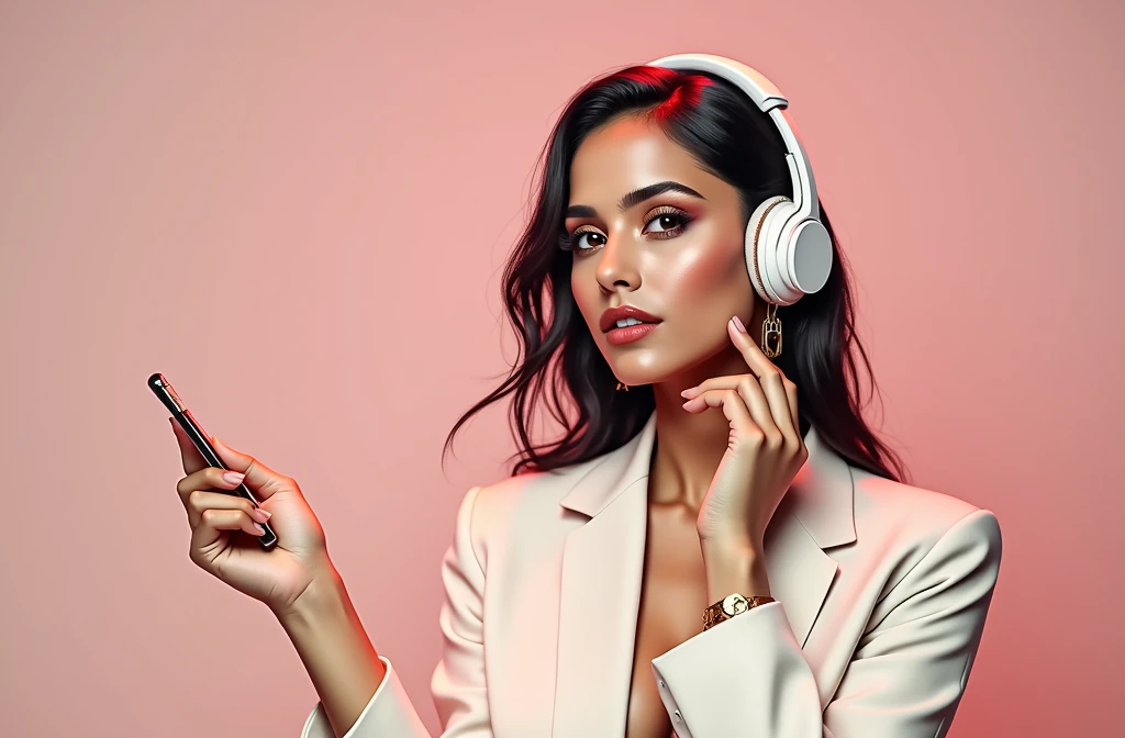 Bipasha Basu look a like, wearing a headphone, in front of a DJ console