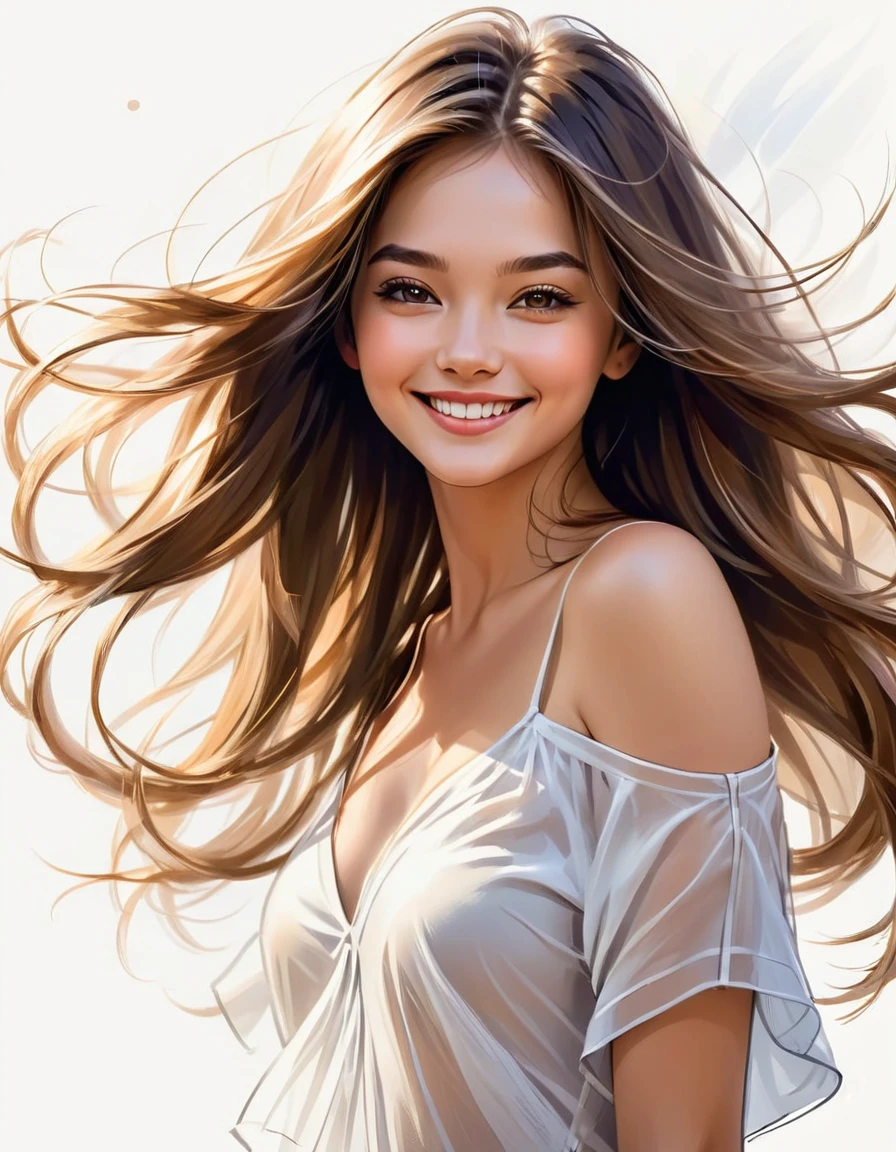 Sketches, precise and perfect strokes, one girl who turns around and looks at the viewer and smiles, shoulder-length hair swells in the wind, captures the atmosphere and momentary movements, brings out the inner side of the model, light, captures the core with lines, close-up, highest quality, masterpiece
