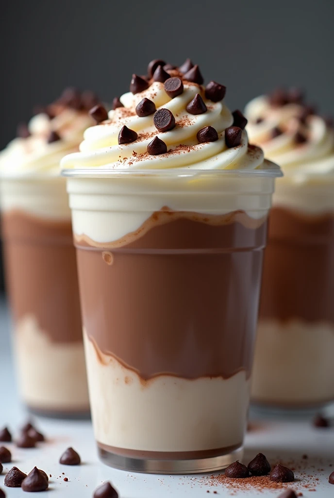 Chocolate pudding and melted white milk on top with some choco chips in plastic cups