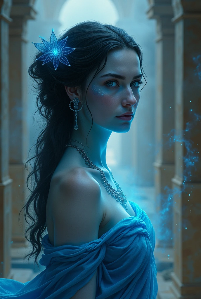 A blonde haired, fair skinned and brown eyed greek woman truning her skin blue, her hair black and her eyes blue