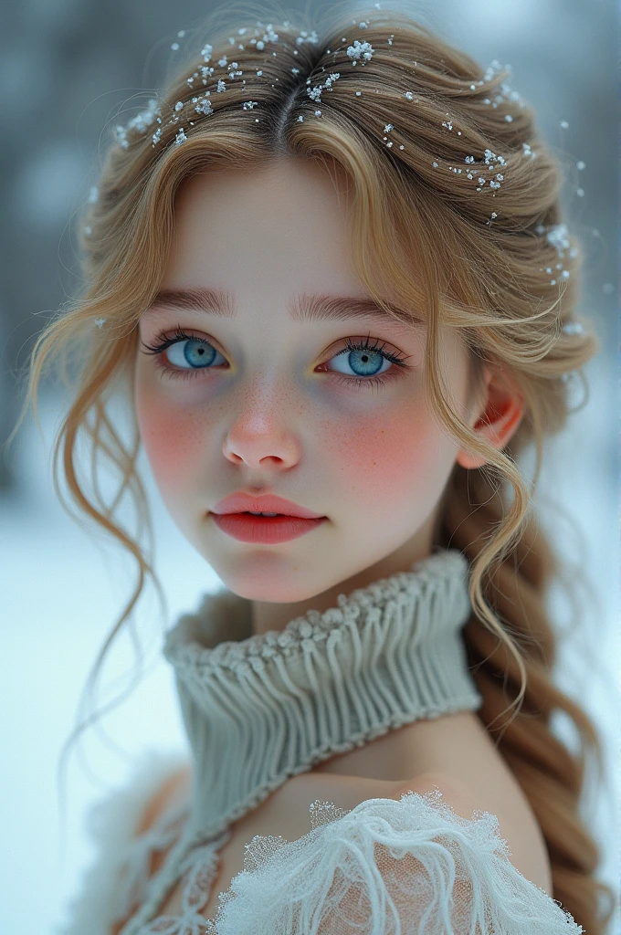 A beautiful western young girl face shape 1:1.618 blue eye almond shape eyebrow fair red skin in ice place and brown blonde hair
