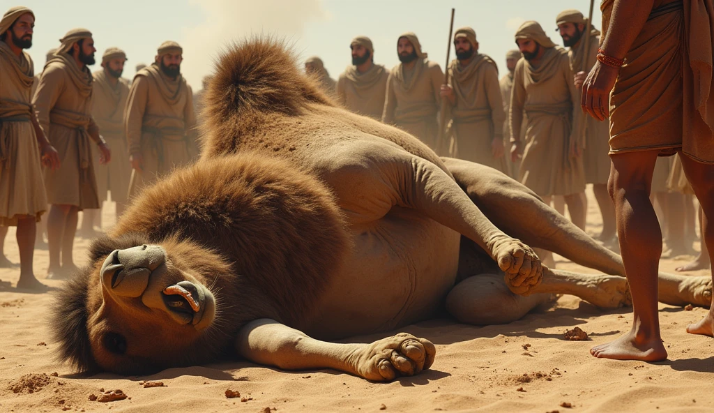 A scene showing a camel falling to the ground after being bitten, while some people's faces show a mixture of fear and shock.
