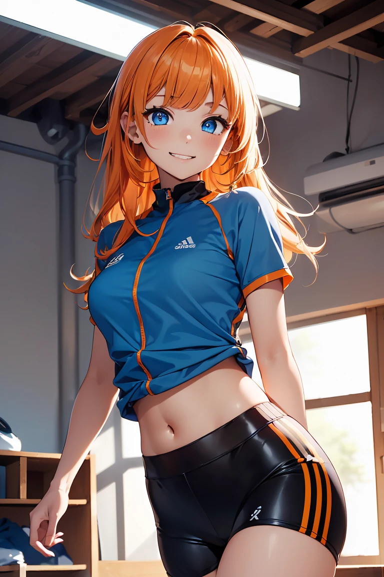 ((1 girl)), Latest clothing trends, cheerful grin, animated expressions, sports clothes, Shorts, blackstockings, running in the physical education area ((very detailled, highest quallity, high resolution, 8 k wallpaper, cute clothes,)),(hair orange, shorth hair, juvenile,Bouncy hair, ((asymmetrical bangs)) ,(shining blue eyes),shade, eyeliner,glowing eye, very detailledな目, Complex Eyes, gorgeous eyes, Shining Bright Blue Eyes 1