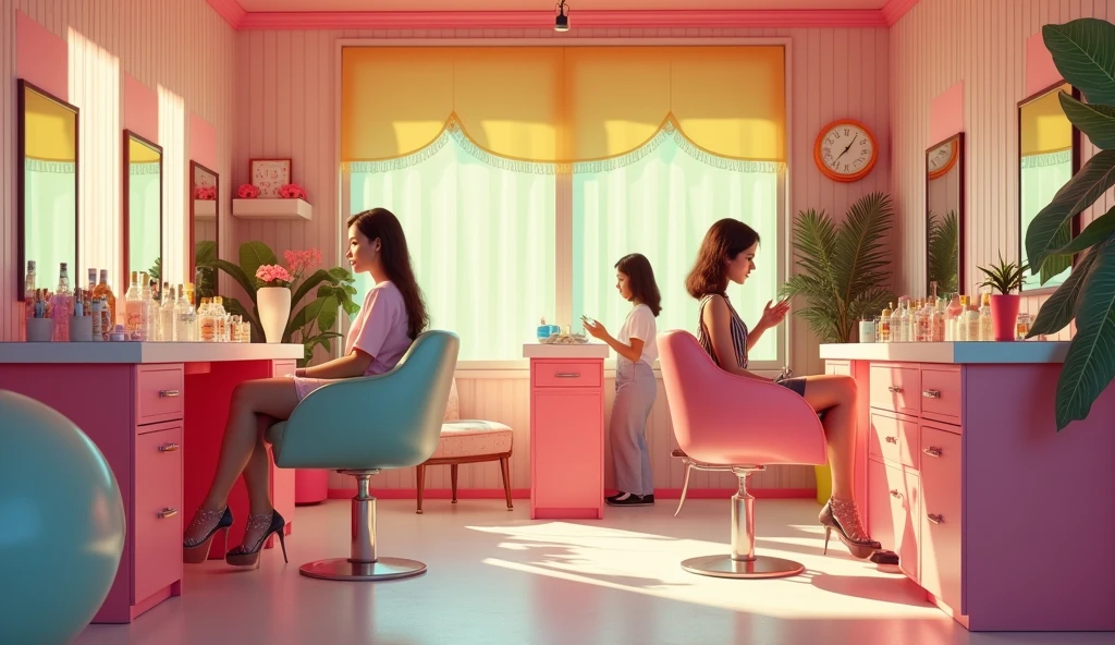Helped design a teenage hair salon in the '70s with two hair steamers. The store has pastel tones and beautiful colors. The shop measures 6x6 meters. Two women sitting on a chair