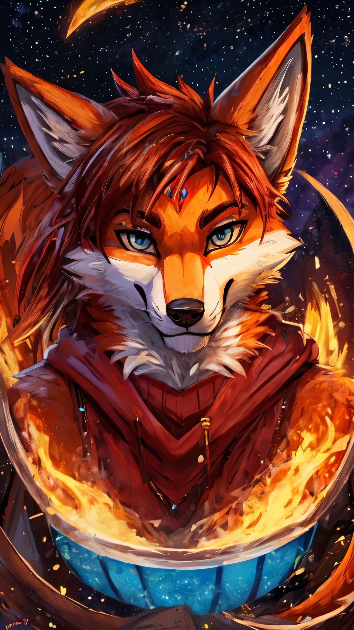 ((best quality)), ((masterpiece)), (detailed), 1boy, outfit sweatshirt, male, gluttonous pose, sexy look, fluffy fur, fox, complete head portrait in the middle, frightened furries in background, complete view ears, vore a coockie, eats a coockie, has coockie in mouth