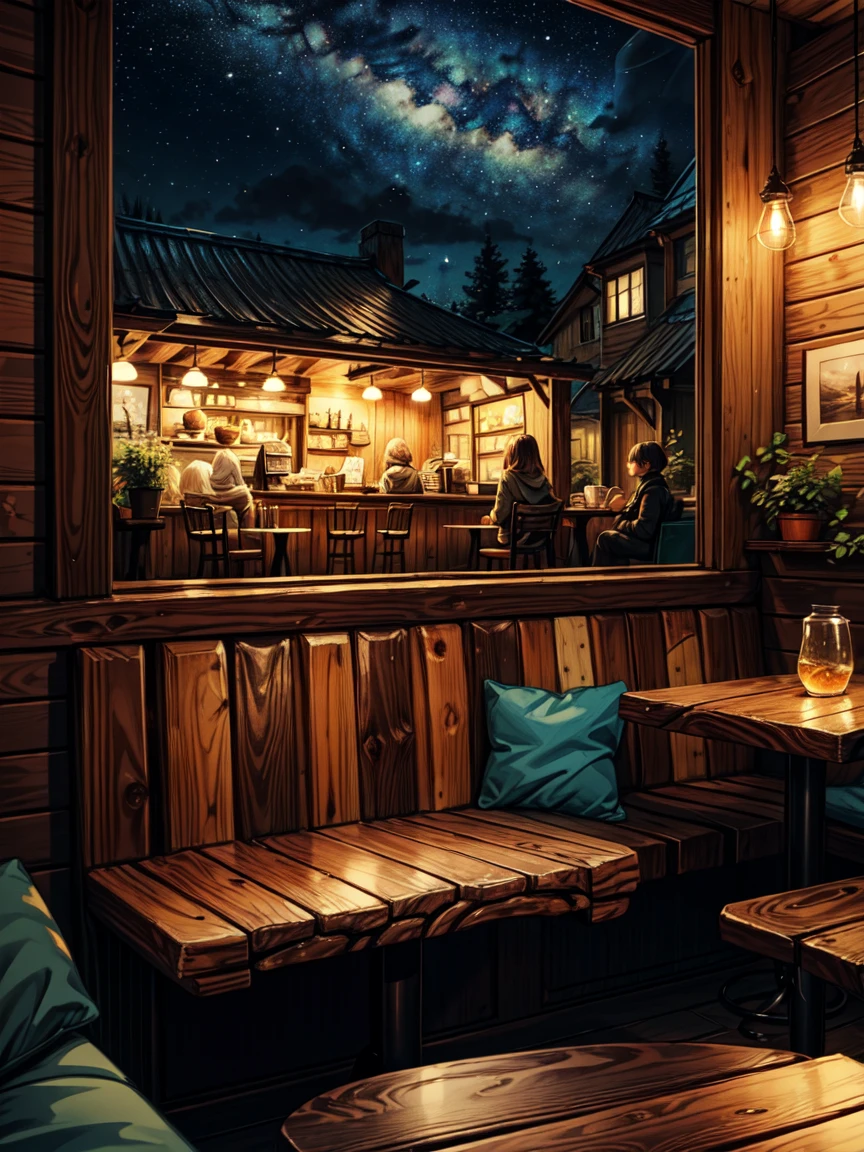 wide view, beautiful interiors of a (((cozy cafe shop))), wooden log furniture, cozy atmosphere, night time, soft tones, night scenes, starry skies, The images are not too complicated or detailed, but focus on simplicity, helping viewers easily associate with a quiet, stress-free space, soft light