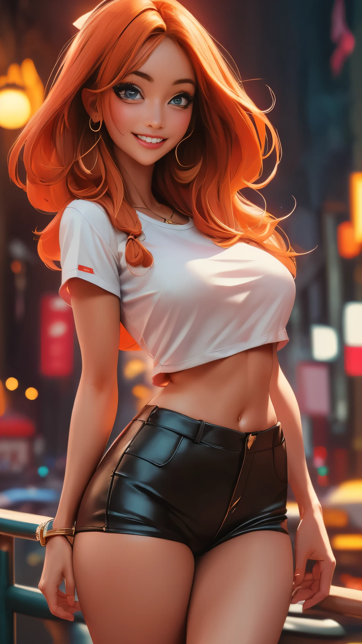 (best quality,4k,highres,ultra-detailed,realistic:1.2), a Bohemian girl, (enormous breasts;1.2), red lips, red hair with a ponyrail, wearing a fitted white tank top and a cropped denim miniskirt , earrings , miltiple necklaces, bracelet, out in the street at night, liiking at viewer with a shy expression 