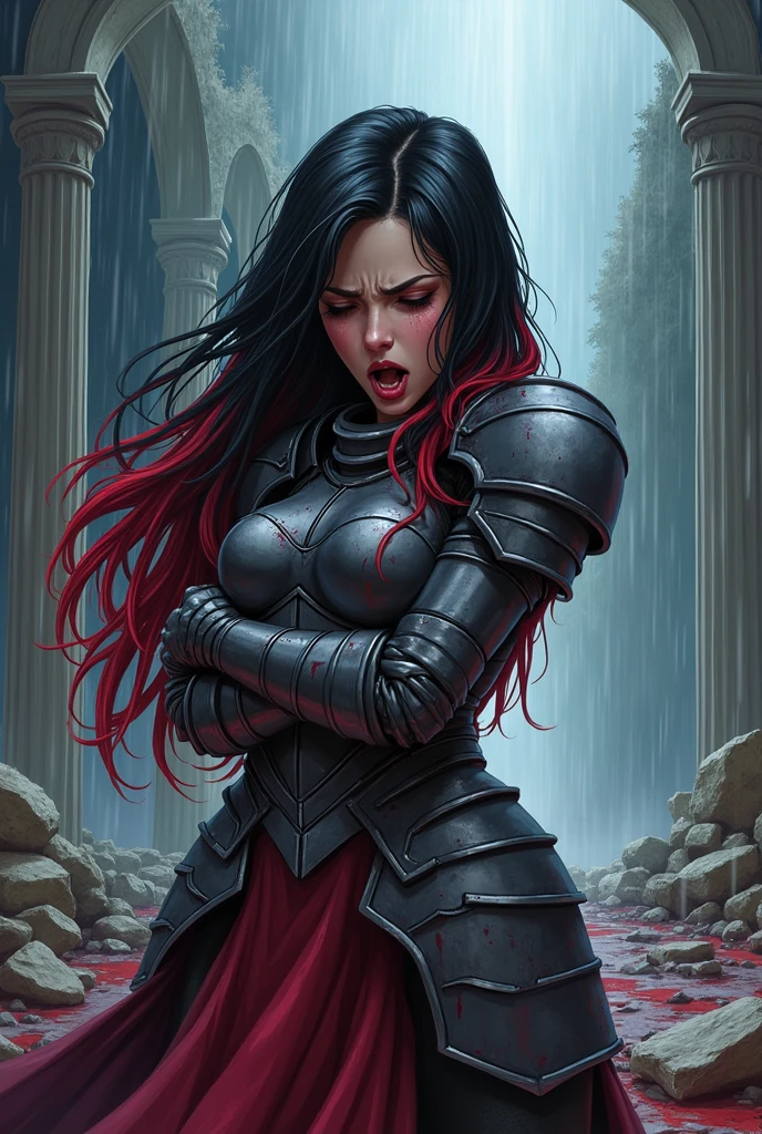 Cartoon a beautiful woman with black hair and red locks crying over body warrioh man who is death of a palace while it is raining, and she is wearing armor and is stained with many  blood whe dont see the man only hiss armour , she screamed from pain of the lost , and hug yhe body