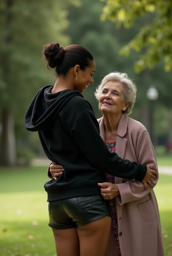 black woman hair in a bun black hoodie black leather short shorts bending over getting fucked in the ass by a old ugly woman in a dress in a park