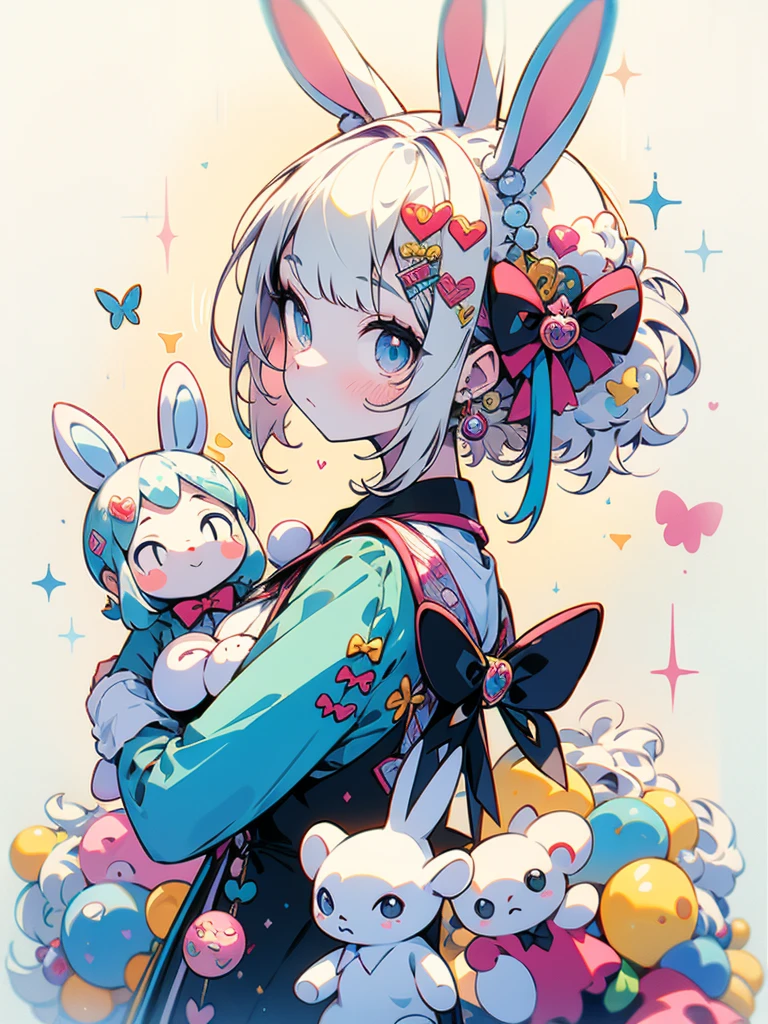 sideview,looking at viewer,There is a girl with bunny ears and dress, fairy core, , guvitz, close-up character, pale milky porcelain skin, porcelain white skin, ball joint doll, CG society