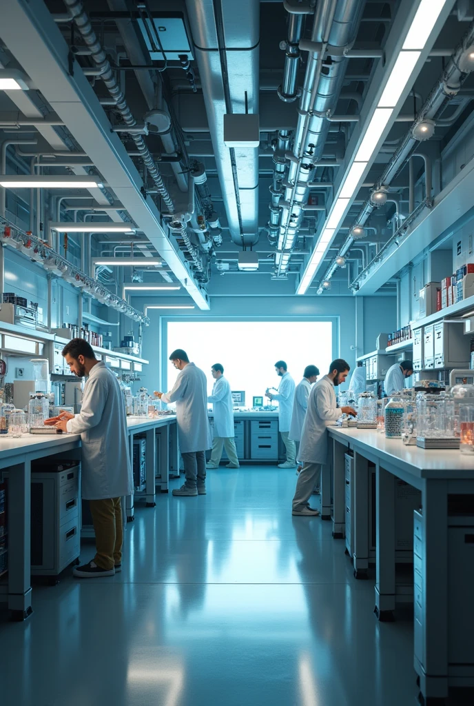 Best hyper realistic biotech laboratory advanced inside view with multiple equipments specimens scientists employees in work pose busy in their action and futuristic theme experiment and creating a virus show it