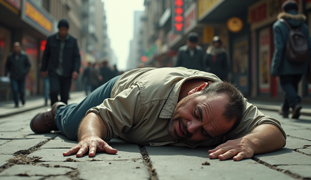 A fat man lay sprawled out like a child on the street as people walked 