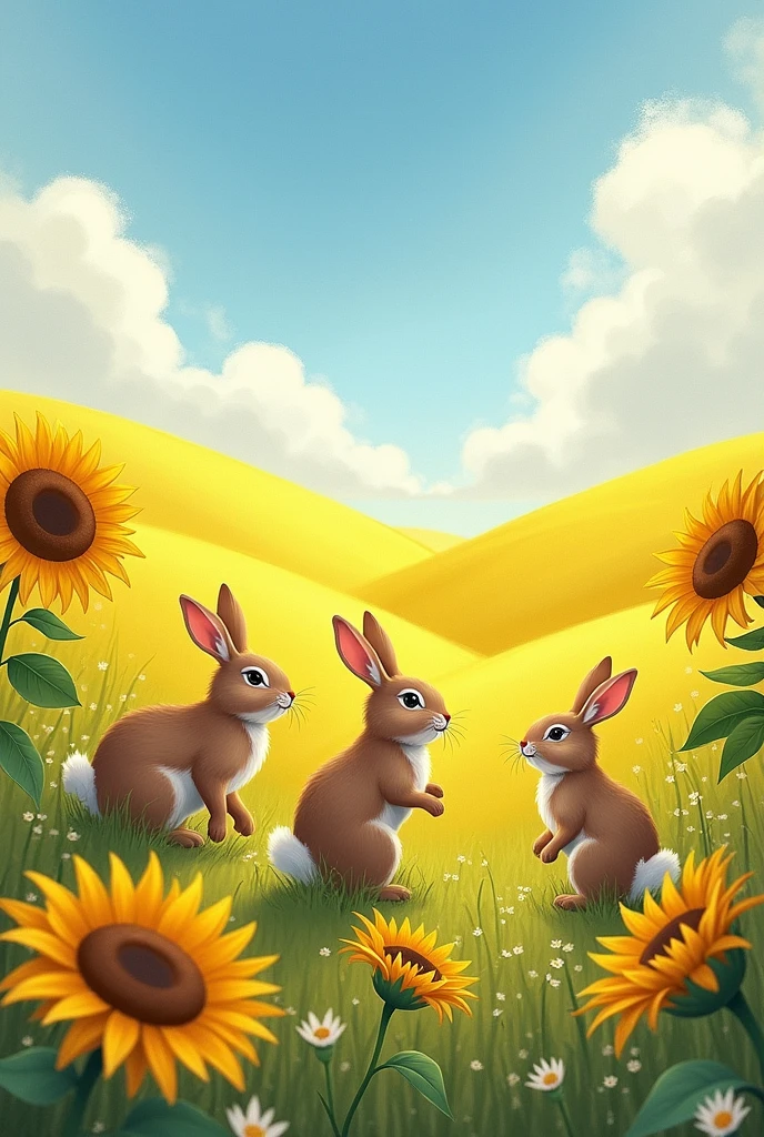 I want an image of a field of sunflowers with several rabbits in it. A beautiful afternoon. The image has to be an illustration in the art painting style.