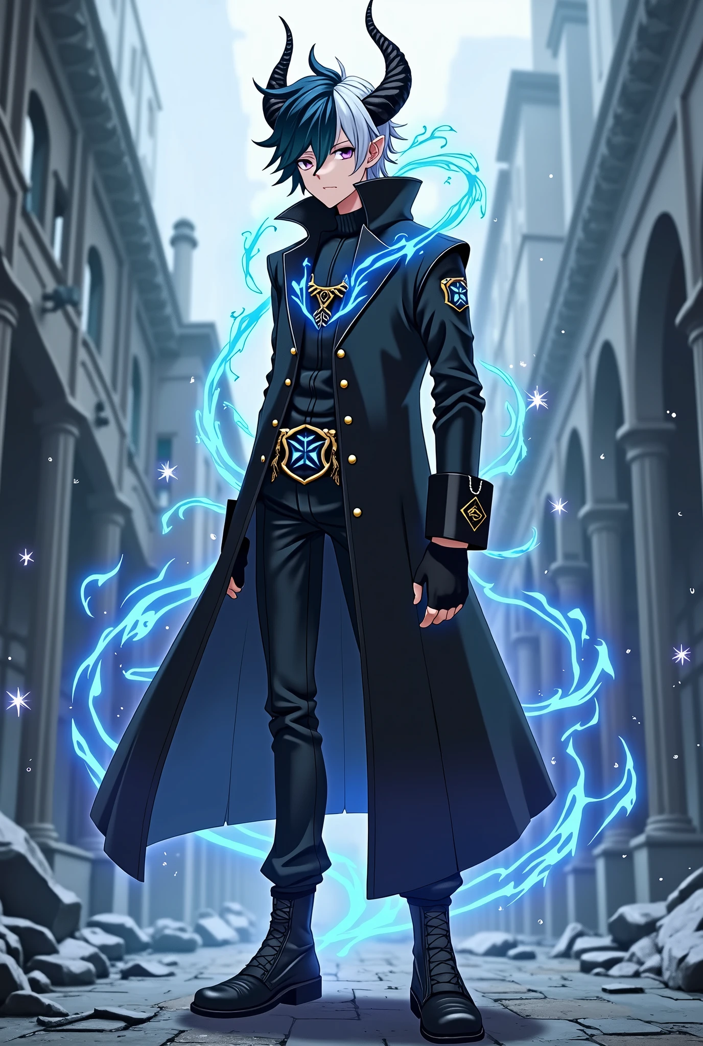 A young man, with long Dark Blue and white hair, a pair of different colored eyes, One eye is Aquamarine while the other is a Dark purple color, his body is slim but moderately fit, he has a pair os dragon Horns on his head while his ears are slightly pointy, with a silvery blue aura of magic surrounding his entire body, wearing a long black coat and leather Boots, while his hands are covered with black gloves, behind him is a ruined city covered in mist, anime art style, full body image.