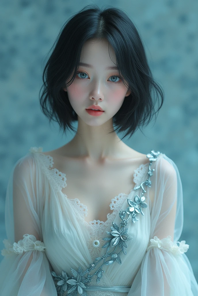 (photorealism:1.2),unreal beauty, standing, tall, wearing dress, relaxed pose, realistic, intricate details, cool colors,Asian beauty, blue eyes, short straight hair 