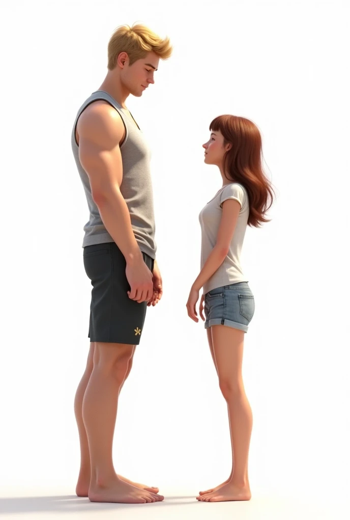 An athletic boy with blond hair of 1.80 tall next to a  girl.700 high, white, Brown hair
