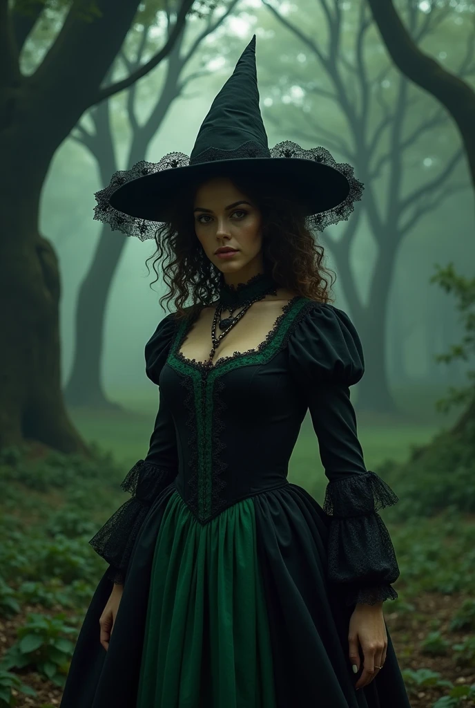 Create a Quimbanda image, from Pombogira da Figueira, she is a woman in the woods at night, with several fig trees, with a black and green medieval dress, Brunetette, with curly hair, wearing a black hat with lace