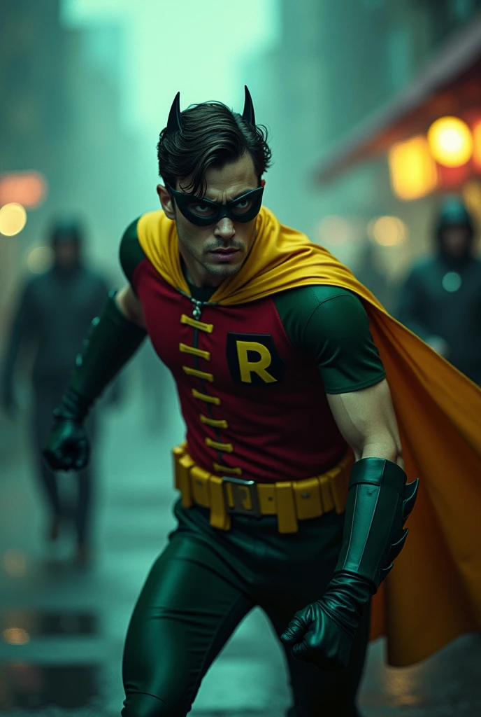 Go to Bing Image Creator, enter a prompt similar to:

Actor Joseph Gordon Levitt as Robin from Batman filmed by Zack Snyder, Robin suit, fighting against thugs, cape, mask, variant angles, captured with award-winning photography technique, cinematic, dark environment, bokeh, grainy, urban setting, blurry, IMAx, filmed with Kodak portrait 400, 200mm, f2.8, high resolution, teal filter