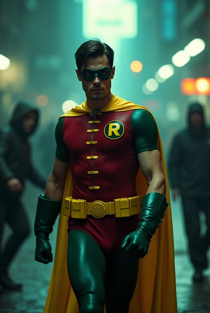 Go to Bing Image Creator, enter a prompt similar to:
Actor Joseph Gordon Levitt as Robin from Batman filmed by Zack Snyder, Robin suit, fighting against thugs, cape, mask, variant angles, captured with award-winning photography technique, cinematic, dark environment, bokeh, grainy, urban setting, blurry, IMAx, filmed with Kodak portrait 400, 200mm, f2.8, high resolution, teal filter