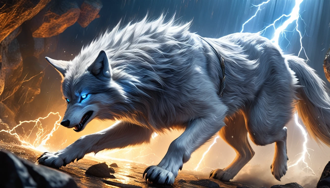 Realistic photos, RAW Photos, (Blightwolf), (blue-white shining rays), attacks viewer, Powerful movements, jump on prey, ((Dynamic jump)), 
Blightwolf approaching from above, sudden approach, Bad-tempered, dynamic Shot from grand, lightning magic,High resolution, masterpiece, Highest quality, Intricate details, Very detailed, Clear focus,texture, Delicate eyes, Professional, 4K,Shallow and deep, Kodak Vision Color, Exactly, Very detailed, photograph_\(Extremist\), photographpractical, practical, Post-processing, Maximum details, Roughness, Real Life, Extremist practical, Photorealism, photographgraphy, 8K Ultra HD, photographgraphy